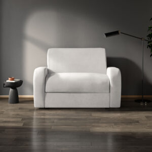 Minimalist Deco Snuggler Sofa Bed in light grey fabric with deep, comfortable seating.