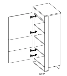 Technical line drawing of the Quant Door Cabinet (QA-07) with an open hinged door revealing four internal shelves.