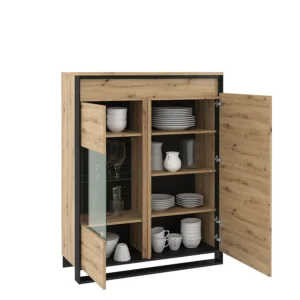 Open Quant 2-Door Shoe Display Cabinet showcasing spacious shelves with decorative and practical storage.