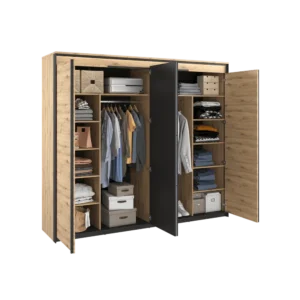 Open Quant Hinged Wardrobe displaying shelves and hanging rails with neatly stored clothes.