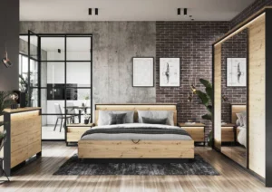 Stylish Quant wooden ottoman bed with a sleek modern design, placed in a spacious bedroom with brick and glass accents.