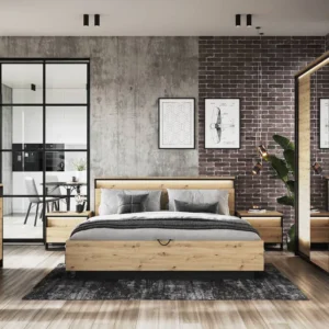 Stylish Quant wooden ottoman bed with a sleek modern design, placed in a spacious bedroom with brick and glass accents.