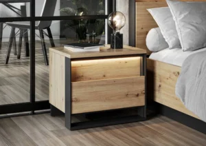 Quant bedside table in oak artisan and black matt finish with LED lighting and two spacious drawers.