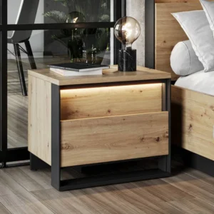 Quant bedside table in oak artisan and black matt finish with LED lighting and two spacious drawers.