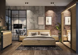 Modern industrial bedroom featuring the Quant furniture collection with warm LED lighting.