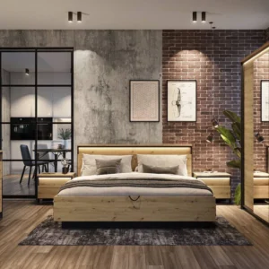 Modern industrial bedroom featuring the Quant furniture collection with warm LED lighting.