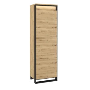 A closed tall modern cabinet in oak artisan and black finish with a sleek and minimalist design.