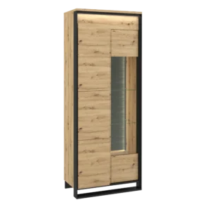 Modern oak and black tall display cabinet with LED lighting.