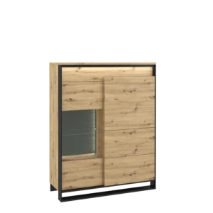 Quant 2-Door Shoe Display Cabinet in Oak Artisan and Black with a push-to-open system and LED lighting.