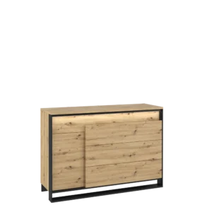 Quant 1-Door and 3-Drawer Cabinet in Oak Artisan & Black with LED lighting.