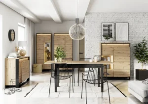 Contemporary dining room with oak and black furniture set, including a tall display cabinet.