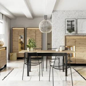 Contemporary dining room with oak and black furniture set, including a tall display cabinet.