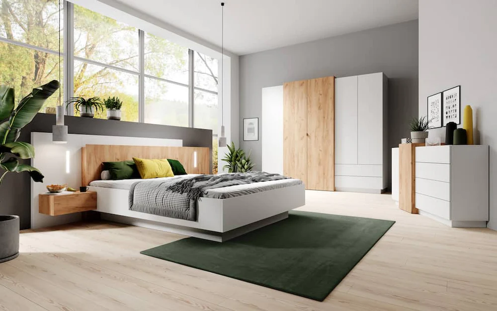 Modern Scandinavian-inspired bedroom featuring the Stockholm Ottoman Bed with a floating design, integrated LED lighting, and matching floating bedside tables.