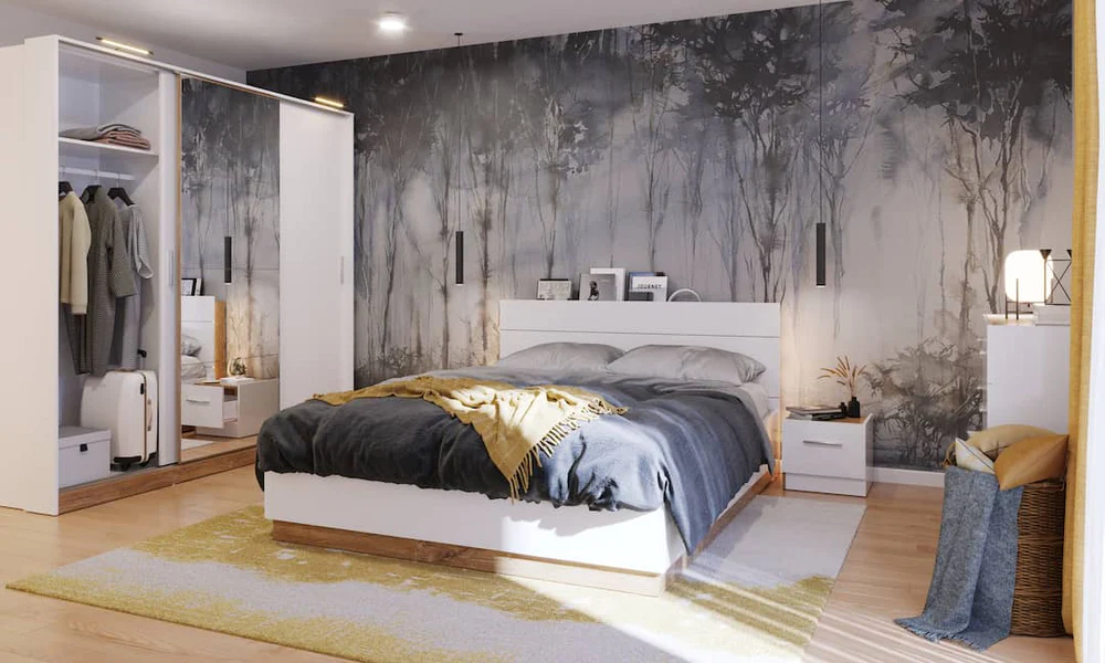 Modern bedroom featuring the Dentro Ottoman Bed with LED lighting and a sleek white and oak finish.