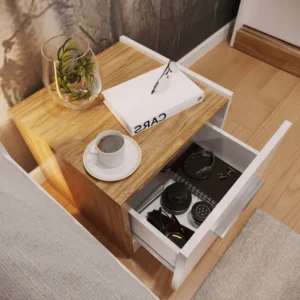 Dentro Bedside Cabinet with a wooden top, open drawer, and neatly arranged accessories.