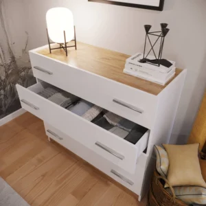 Dentro Chest of Drawers in white matt and oak sterling with open drawers