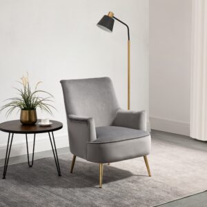 Jetson velvet armchair in grey with gold legs, styled in a modern living room.