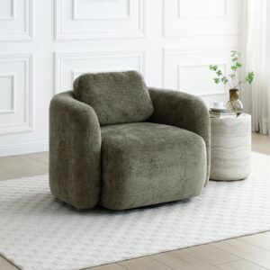 Mitch Swivel Chair in olive chenille with padded arms, removable back cushion, and swivel base, styled in a cosy living space.