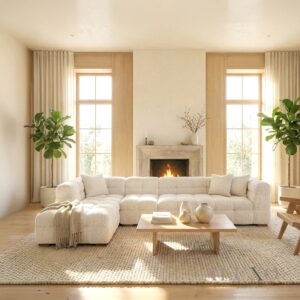 Spacious living room with a modern Tribeca Left Hand Corner Sofa set in Oatmeal bouclé fabric