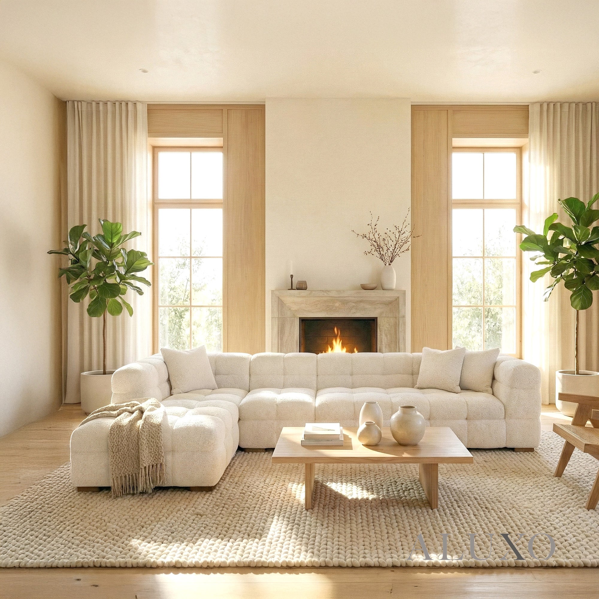 Spacious living room with a modern Tribeca Left Hand Corner Sofa set in Oatmeal bouclé fabric