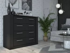 modern chest of drawers with four sleek handles, styled in a contemporary room with geometric wallpaper and minimalist decor.