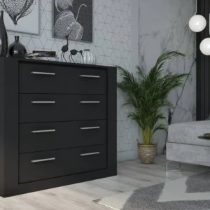 modern chest of drawers with four sleek handles, styled in a contemporary room with geometric wallpaper and minimalist decor.
