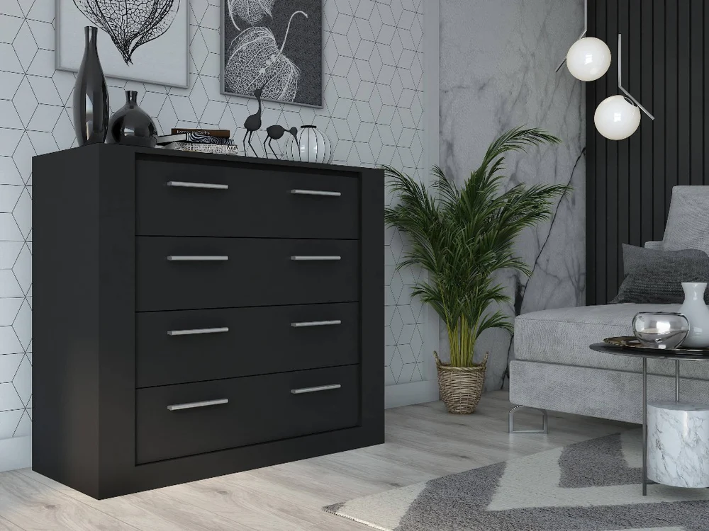 modern chest of drawers with four sleek handles, styled in a contemporary room with geometric wallpaper and minimalist decor.
