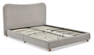 Mollie bed in a box by Kyoto in natural textured fabric with curved upholstered headboard and wooden ball feet