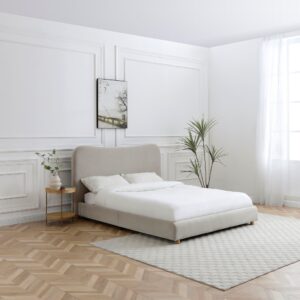 Mollie curved headboard bed in a natural Scandi-style bedroom with herringbone flooring