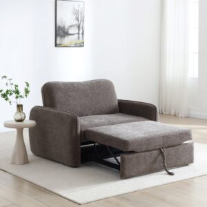 Millie Sofa Bed in Mercury Mocha soft chenille with the bed pulled out, in a small room
