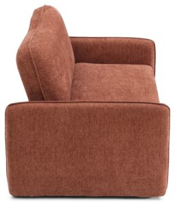 Millie Sofa Bed in Mercury Orange soft chenille from the side showing the curved arm