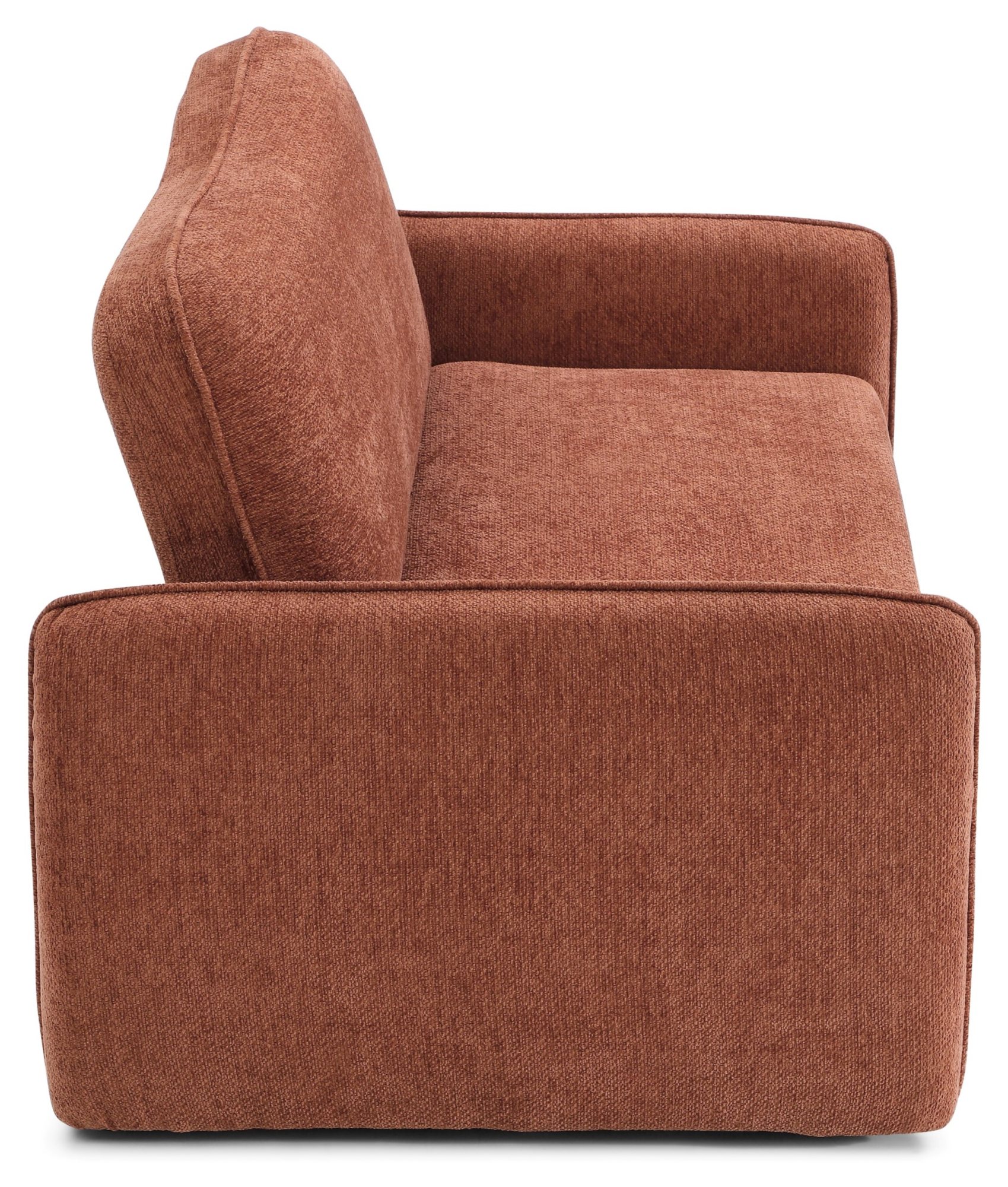 Millie Sofa Bed in Mercury Orange soft chenille from the side showing the curved arm