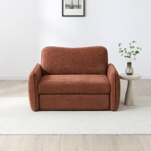Millie small 2 seater sofa bed in Mercury Orange soft chenille in a compact living room