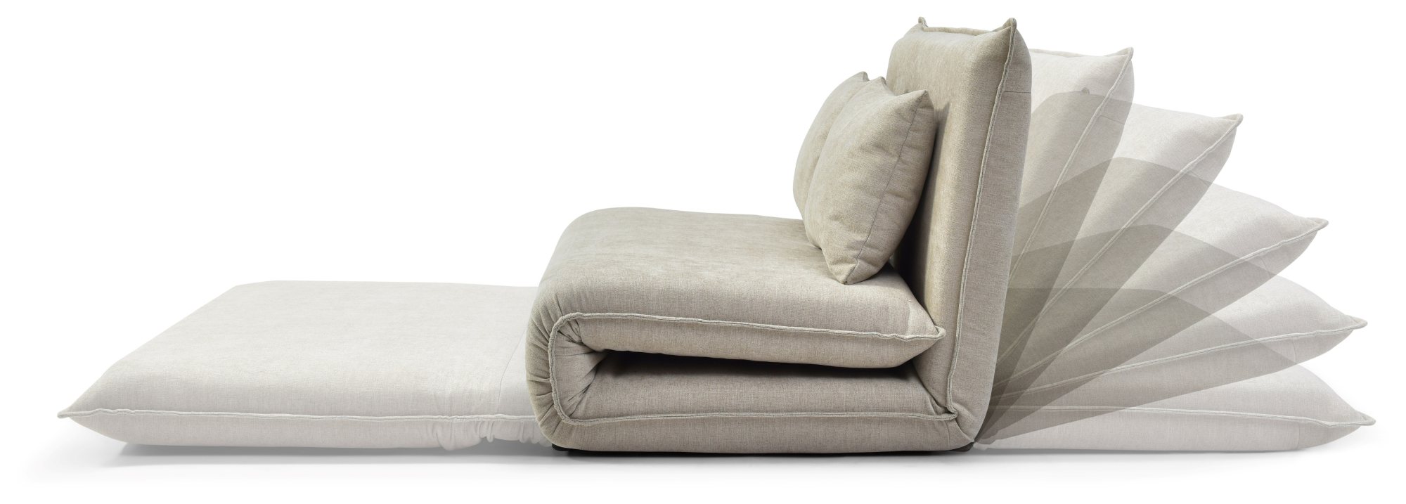 The Carter Sofa Bed backrest shown in each of its click-clack recline positions, taupe chenille