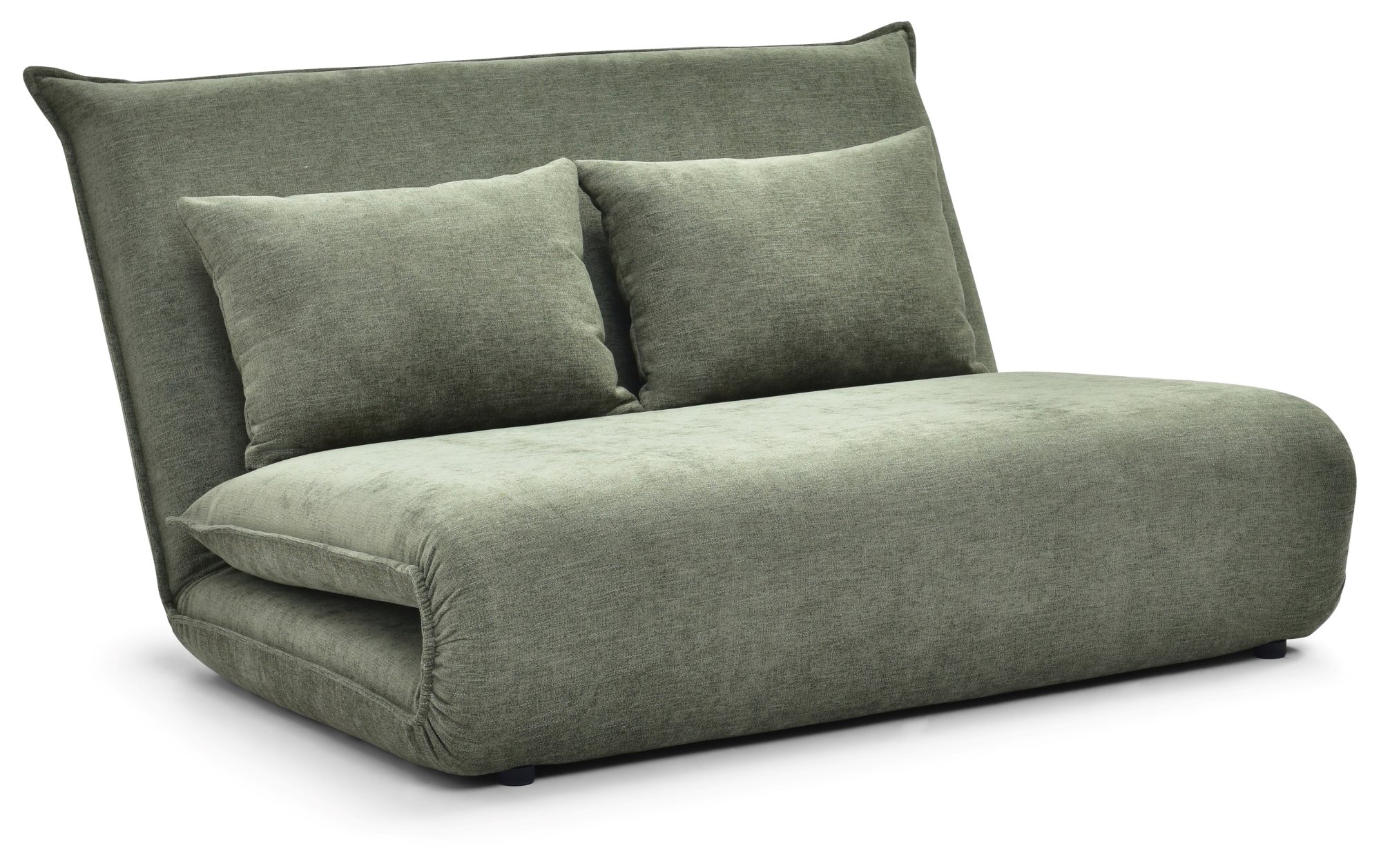 Carter Sofa Bed in Dionysus Olive chenille, seat position with two matching scatter cushions