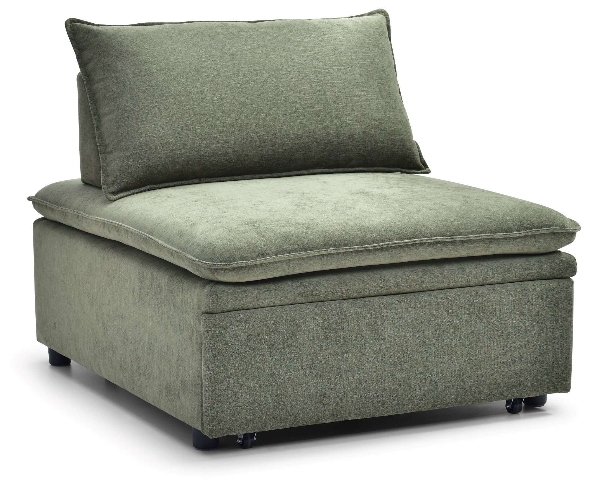 Rhodes Single Seat Sofa Bed in Dionysus Olive chenille, armless chair bed seat position