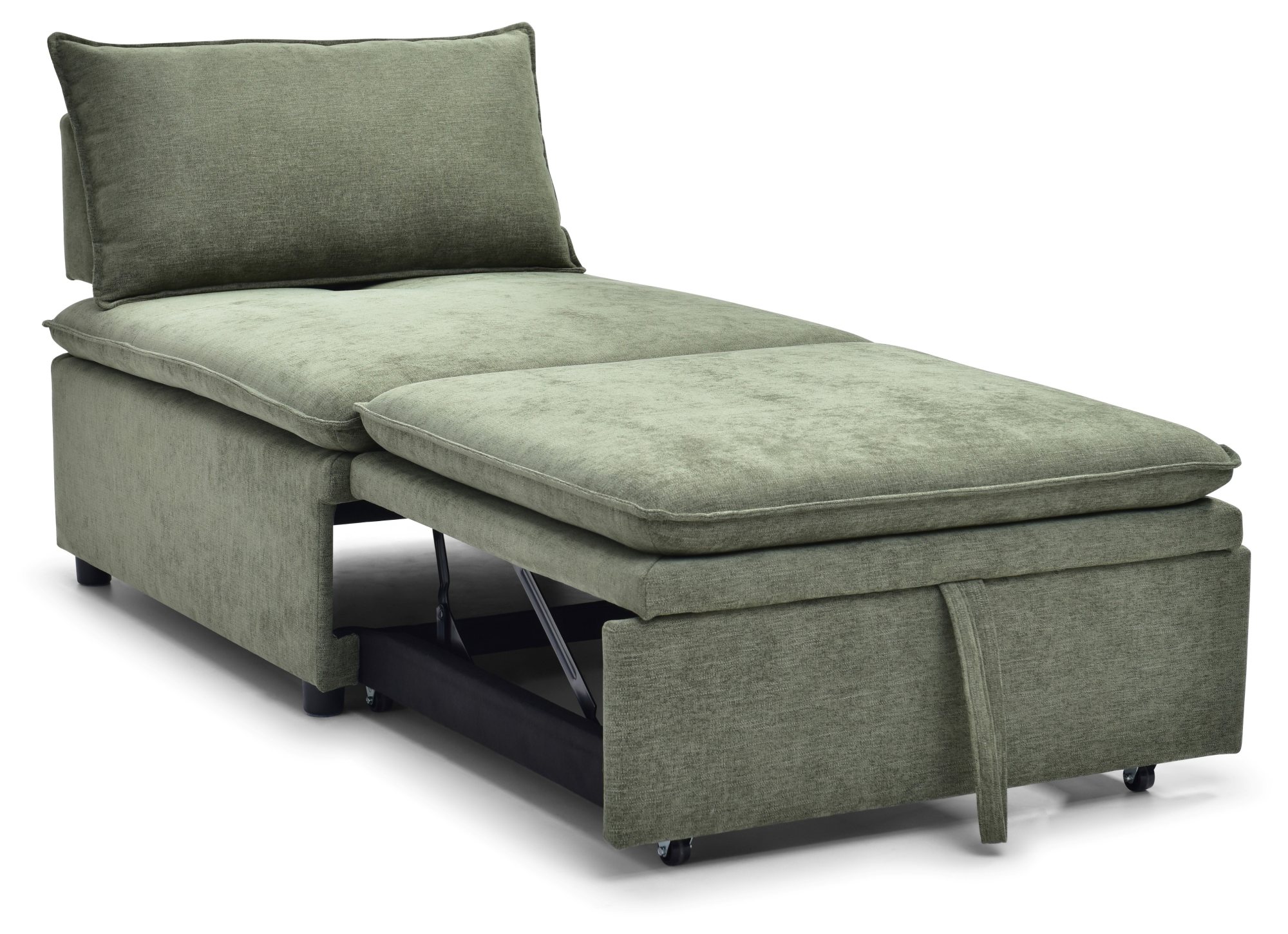 Rhodes Single Seat Sofa Bed in Dionysus Olive chenille pulled out into a single bed