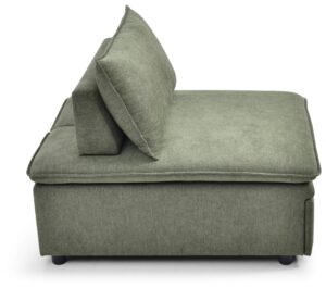 Rhodes Single Seat Sofa Bed in Dionysus Olive chenille from the side with the back cushion in place