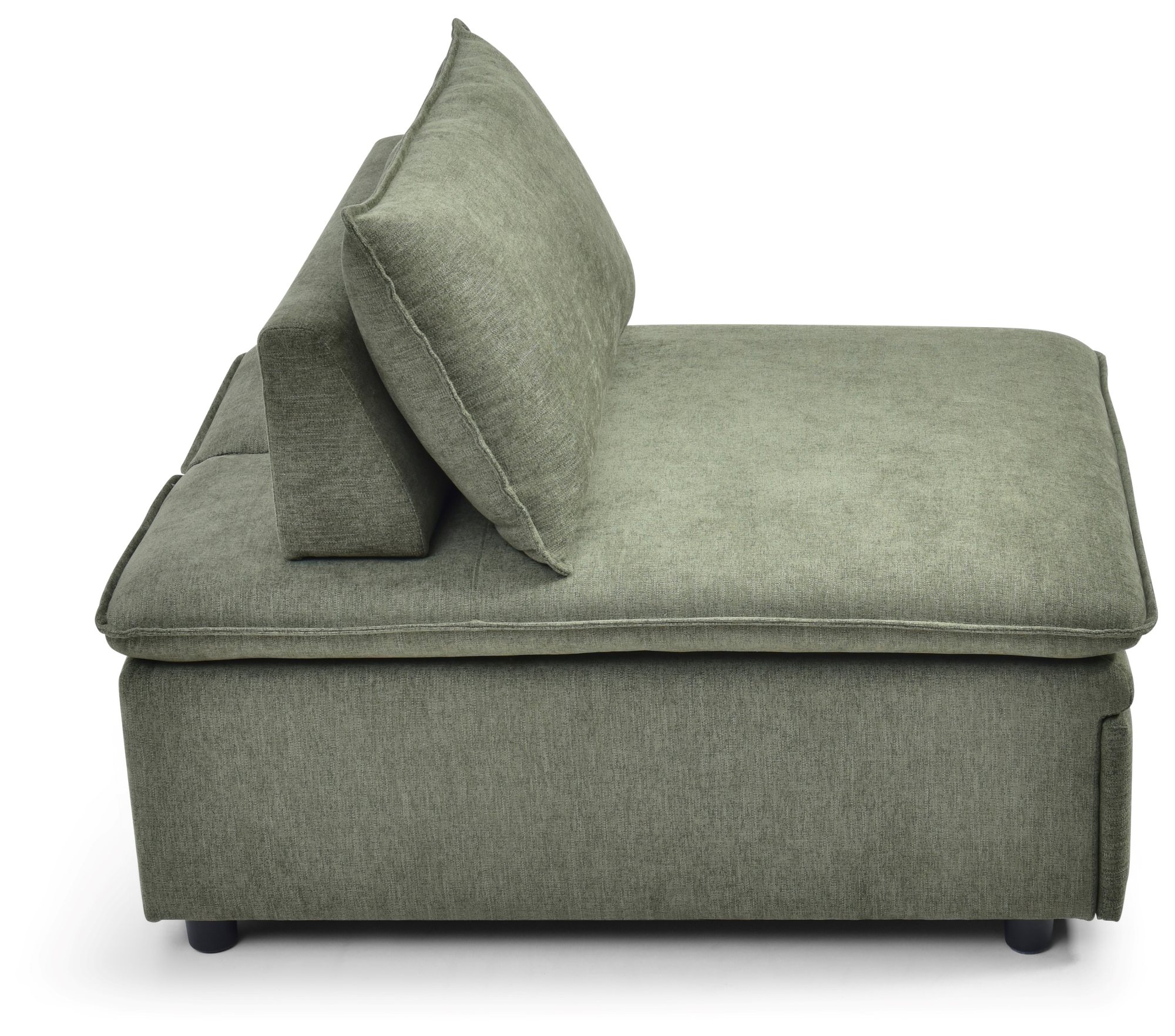 Rhodes Single Seat Sofa Bed in Dionysus Olive chenille from the side with the back cushion in place