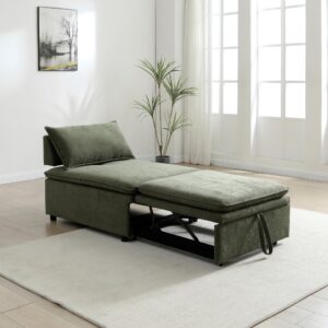 Rhodes Single Seat Sofa Bed in Dionysus Olive chenille opened into a single bed in a living room
