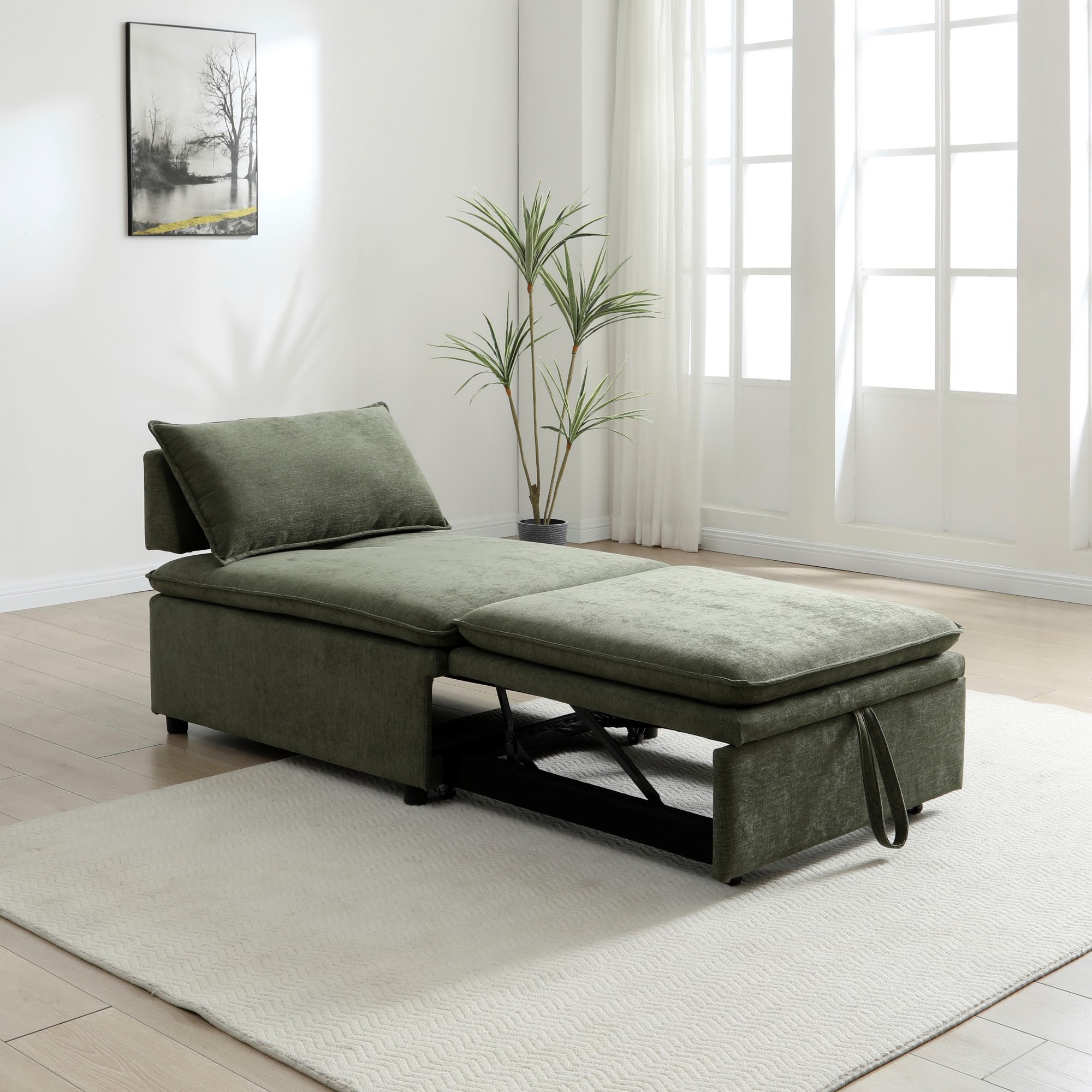 Rhodes Single Seat Sofa Bed in Dionysus Olive chenille opened into a single bed in a living room
