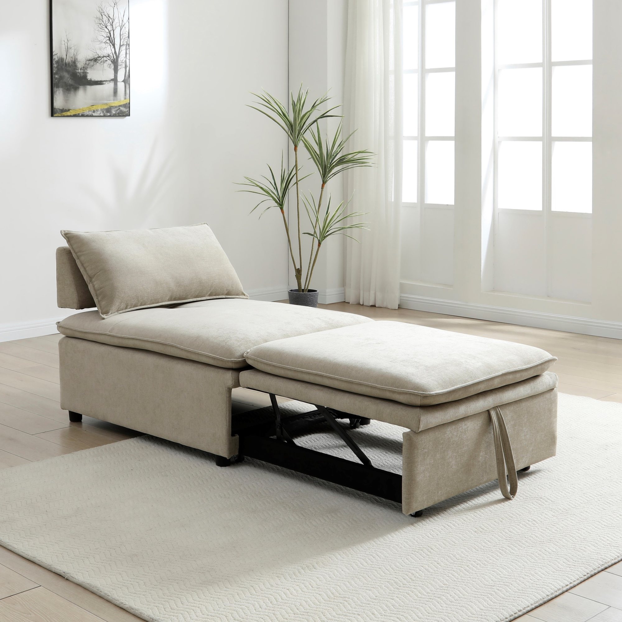 Rhodes Single Seat Sofa Bed in Dionysus Taupe chenille opened into a single bed in a living room