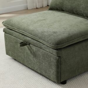 Rhodes Single Seat Sofa Bed in olive chenille with the pull-out bed frame partly open