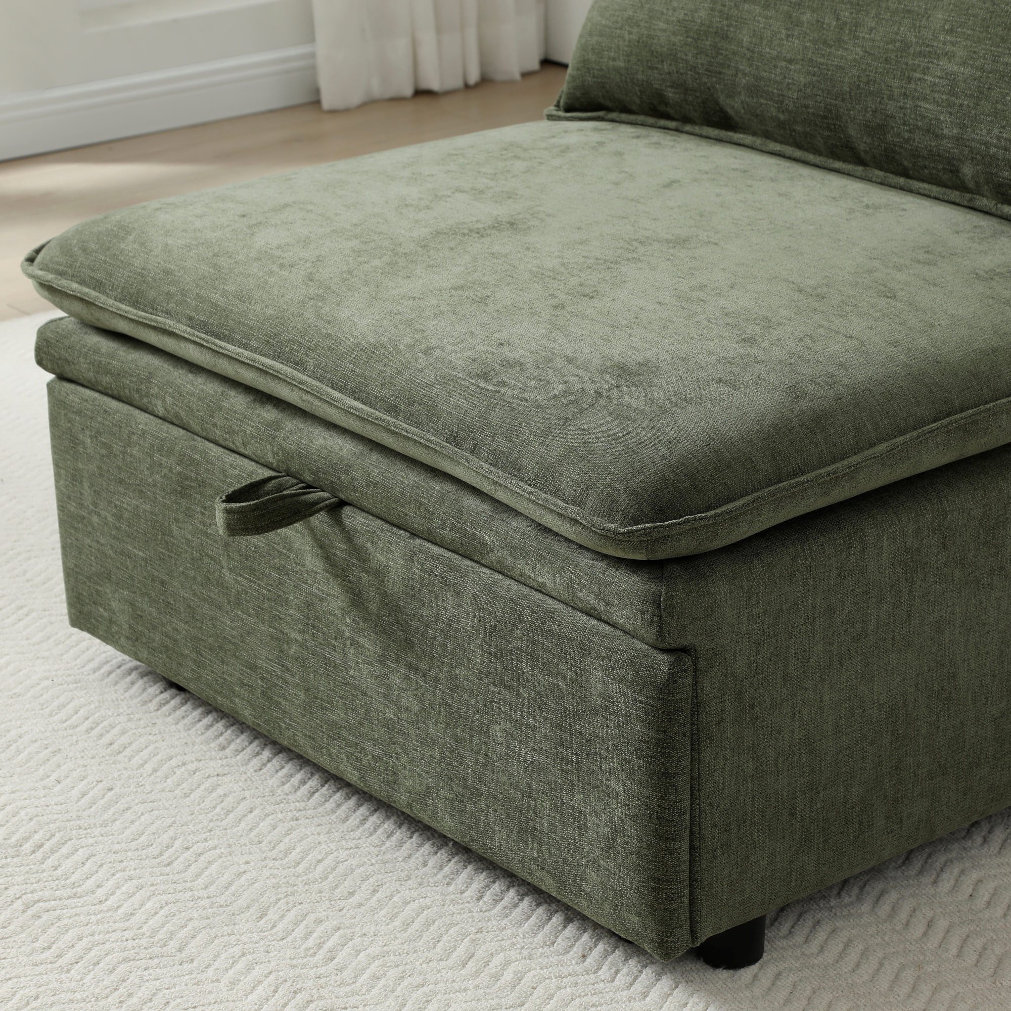 Rhodes Single Seat Sofa Bed in olive chenille with the pull-out bed frame partly open