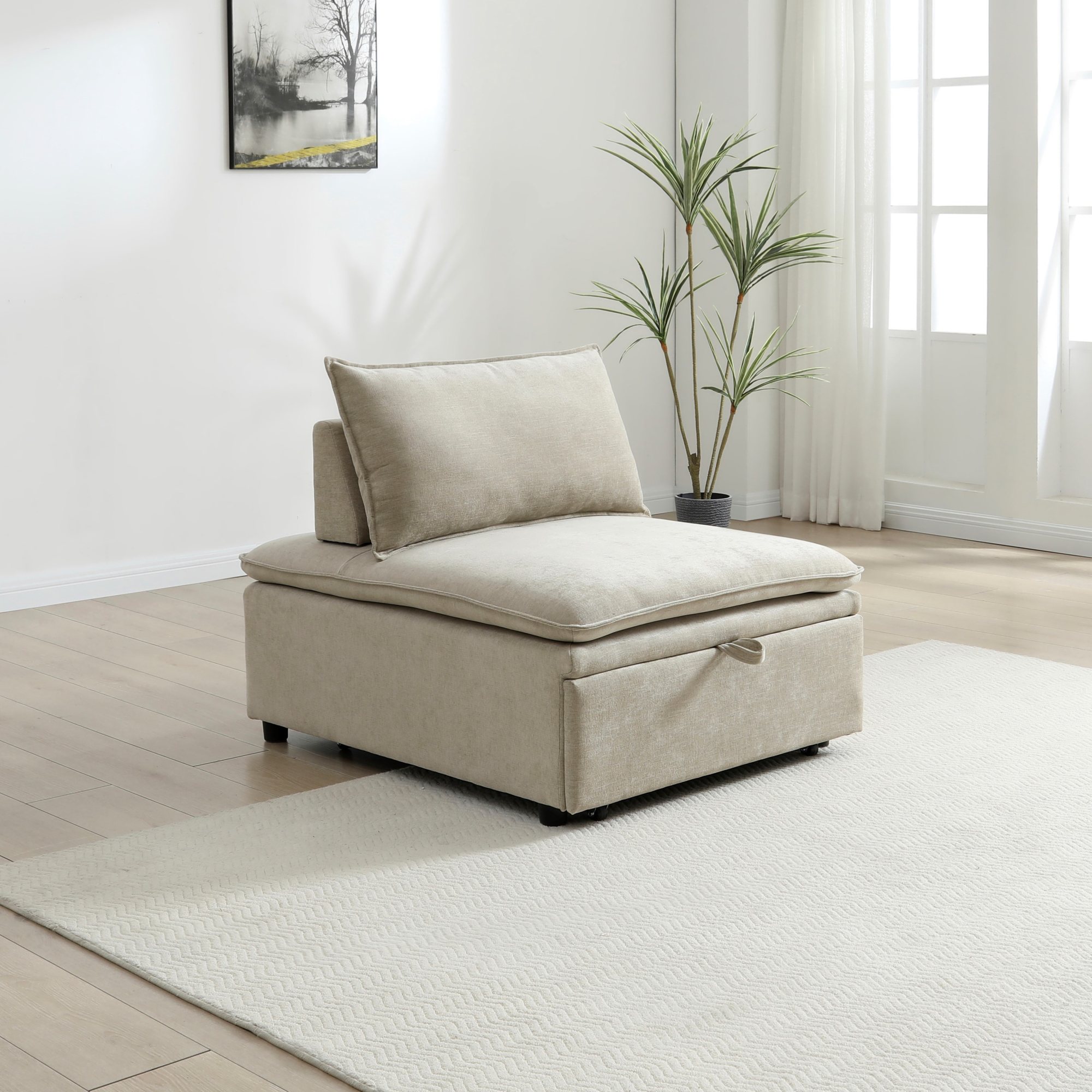 Rhodes single chair bed in Dionysus Taupe chenille in a living room corner