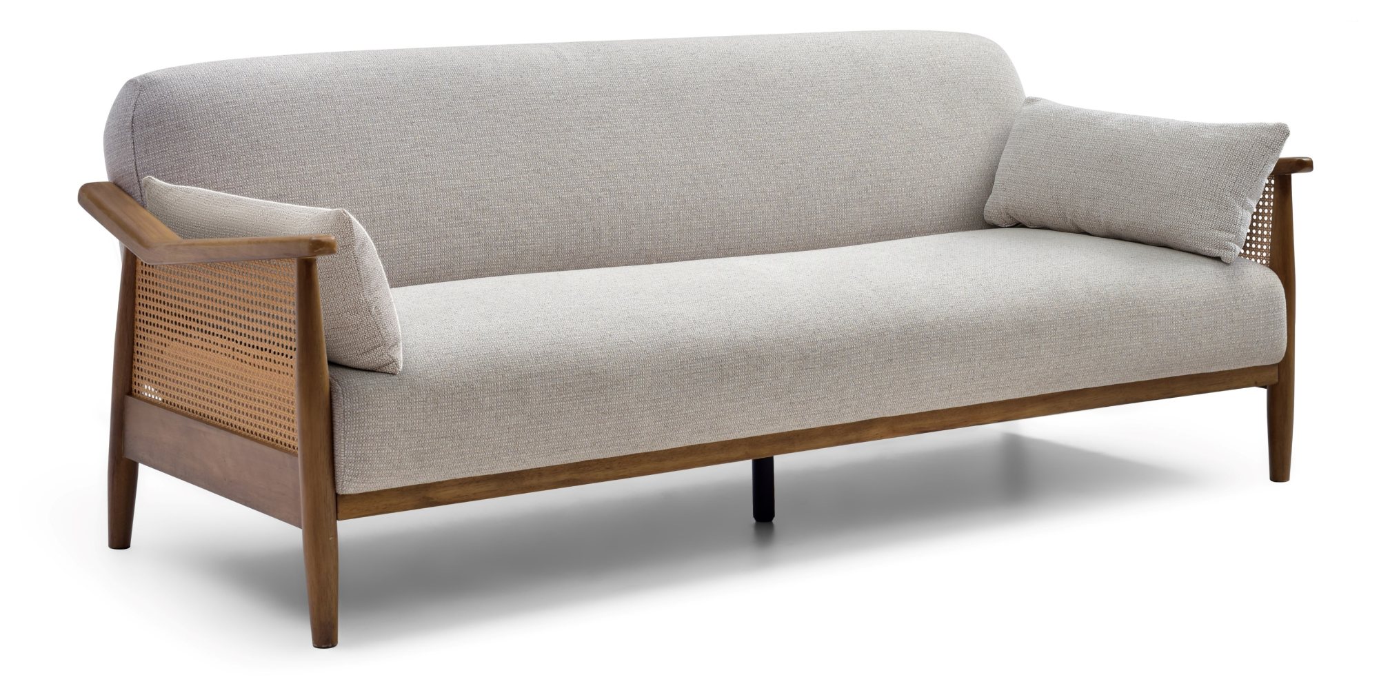 Zara Rattan Arm Sofa Bed viewed from the front, showing the exposed wooden frame and legs