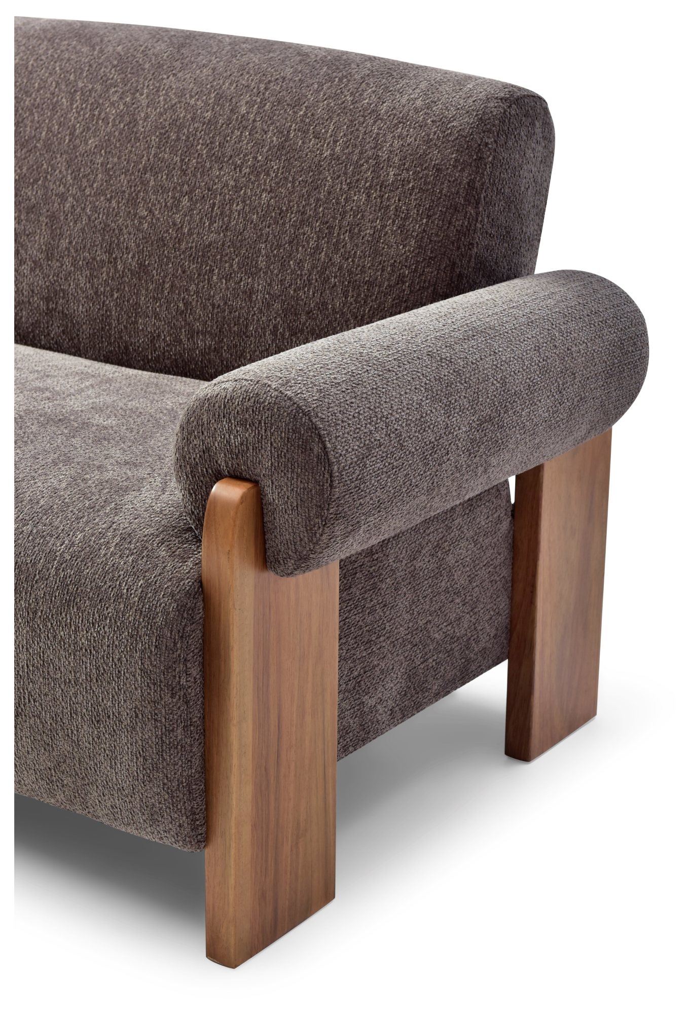 Close-up of the solid wood block arm and chenille upholstery on the Mila Sofa Bed in mocha
