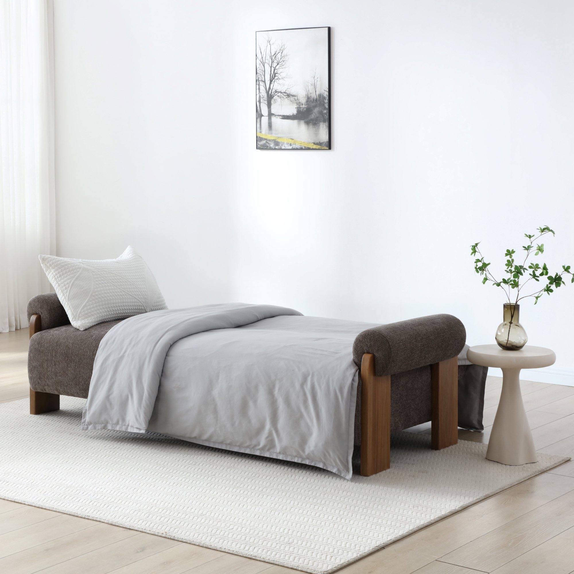 Mila Sofa Bed in Mercury Mocha soft chenille made up as a bed with bedding