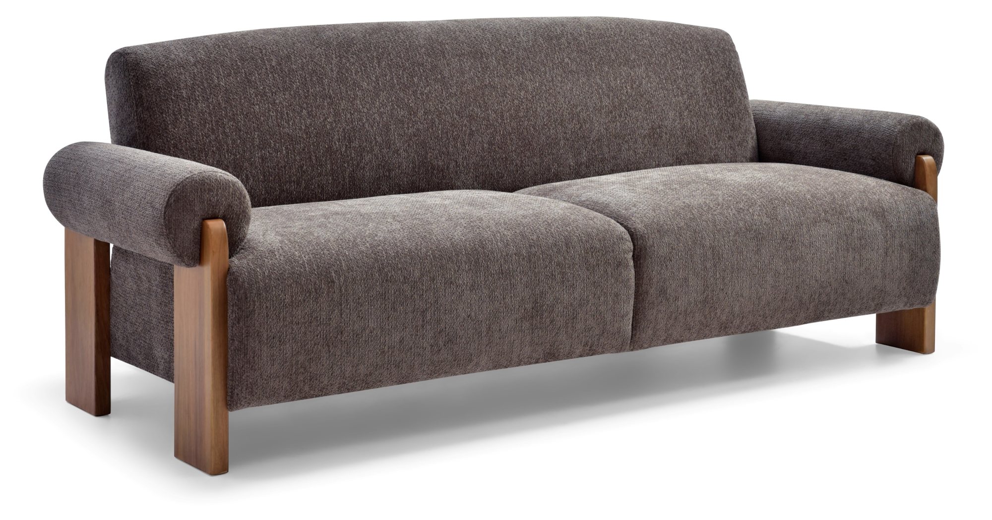 Mila Sofa Bed in Mercury Mocha soft chenille showing the solid wood block arm supports