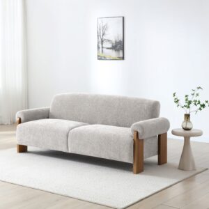 Mila low back sofa bed in Mercury Natural soft chenille with solid wood block arms